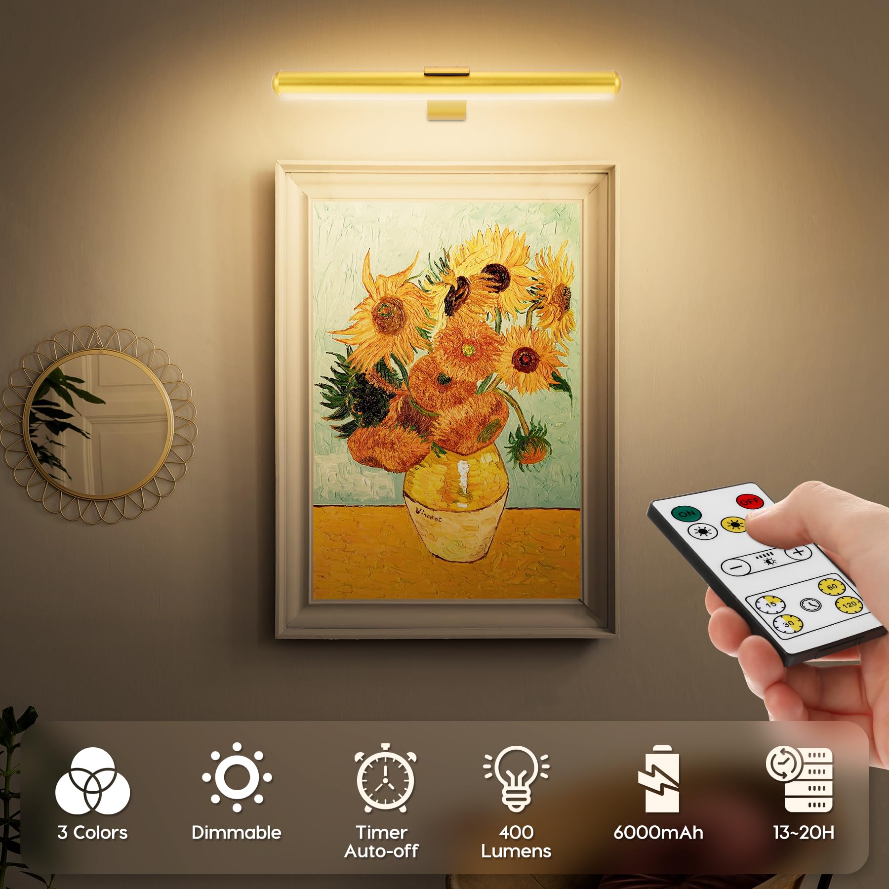 Applique Murale LED Sans Fil Rechargeable - 3000mAh - Télécommande Et Tactile - 13 Couleurs RGB + 3 Blancs - Angle Réglable 180° - Pour Tableau, Chambre, Couloir