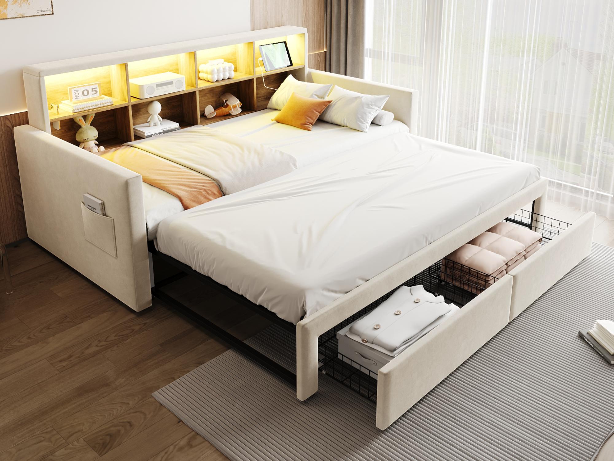 Rozkładana sofa z poduszkami 90x190 cm - Oświetlenie LED - z gniazdem ładowania - dwie szuflady - stelaż lamelowy - welur - beżowy