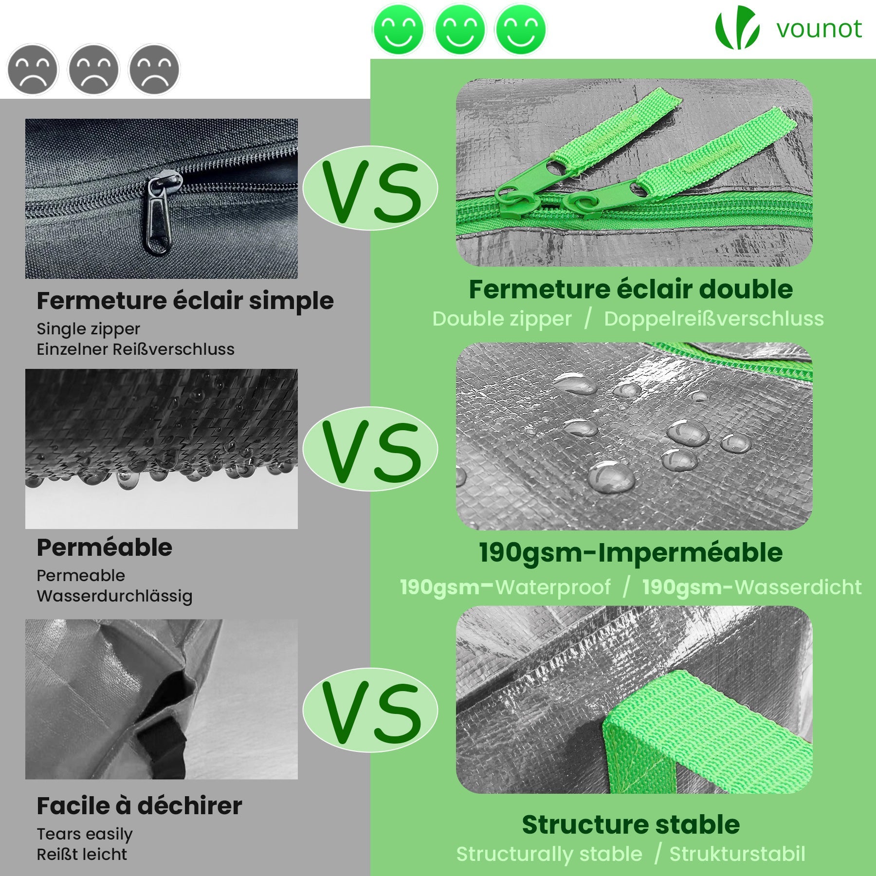 Lot de 5 sacs de déménagement grand format - sacs de rangement avec sangles de sac à dos et poignée - gris - VOUNOT® - 6