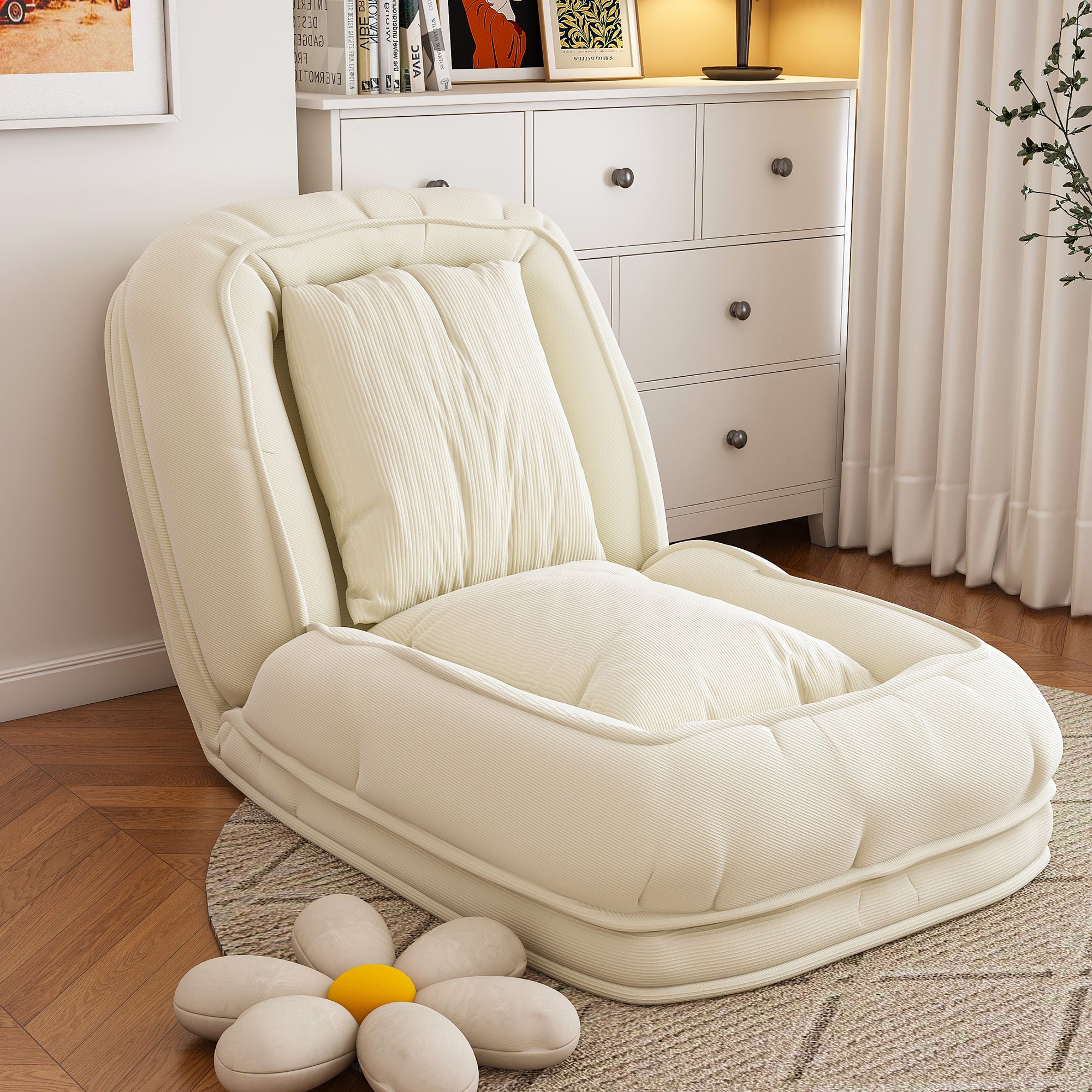Bean bag - Beanbag cu 2 perne, șezlong multifuncțional care economisește spațiu pentru sufragerie, dormitor și colț de lectură (crem), alb catifelat