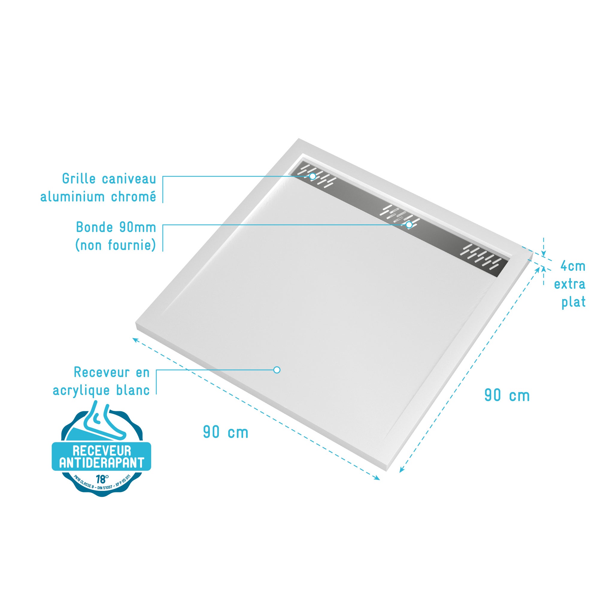 Receveur en acrylique Blanc 90x90x4 cm - Grille Linéaire Chrome - WHITENESS II - 4