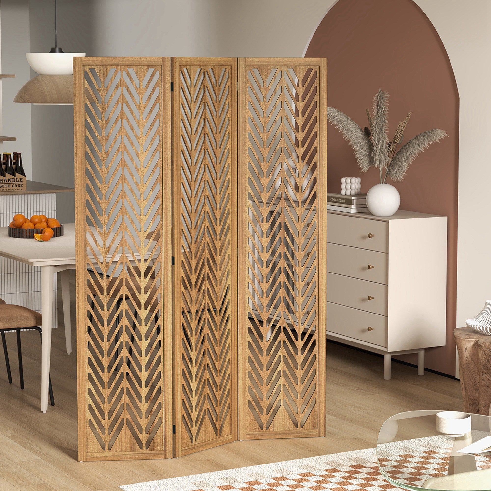Paravent en bois ajouré séparateur de pièce closion intérieur pliable 3 panneaux en bois 120x170cm naturel - 4