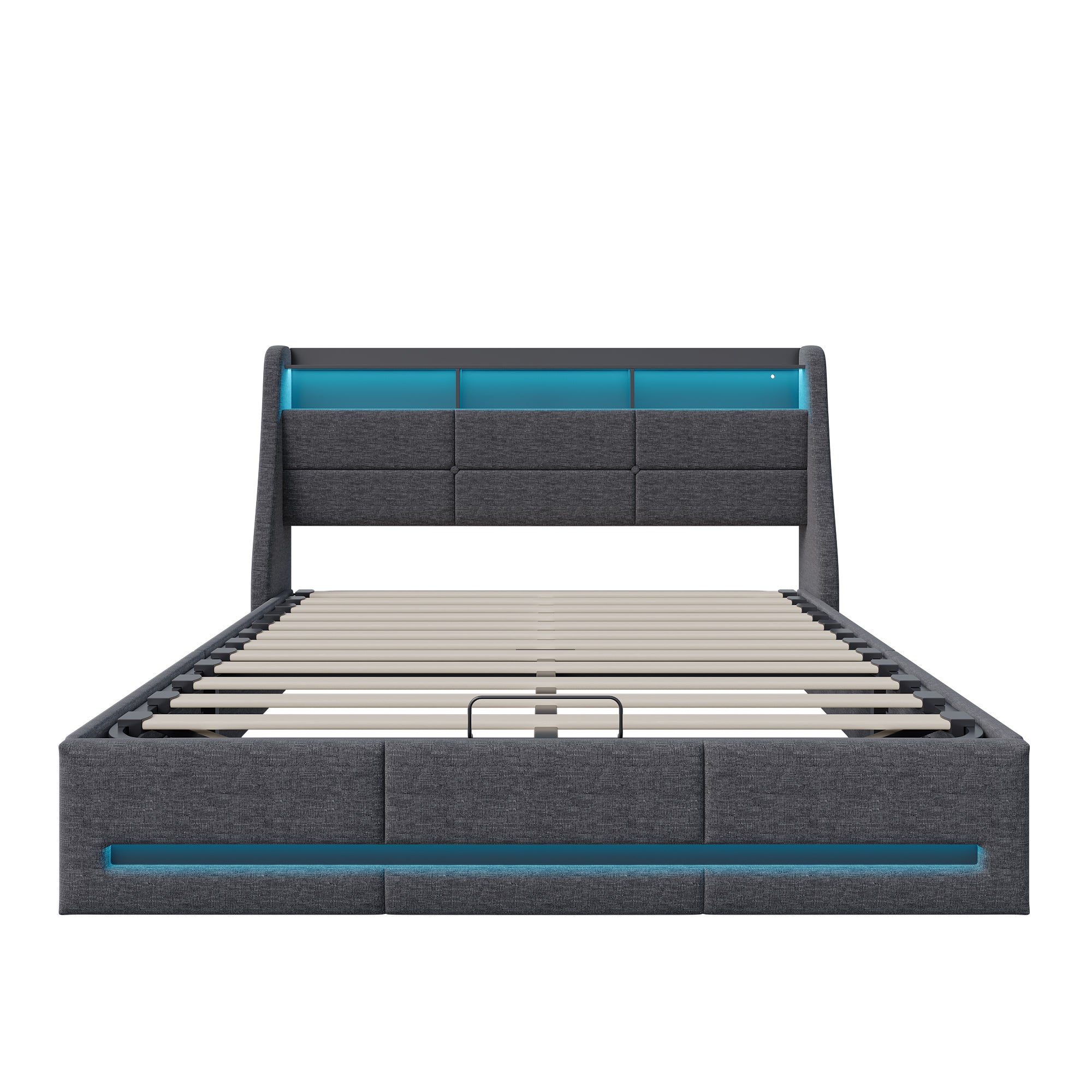 Cama doble de 140x190 cm en lino gris con almacenamiento hidráulico, cabecero con puertos USB y tiras de luces LED RGB. - 9