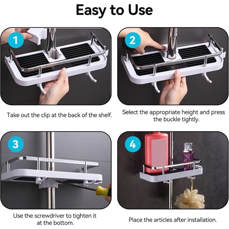 Étagère de douche sans perçage pour barres de douche Étagère de douche réglable Organisateur de shampoing de salle de bain pour 24-25 mm - 4