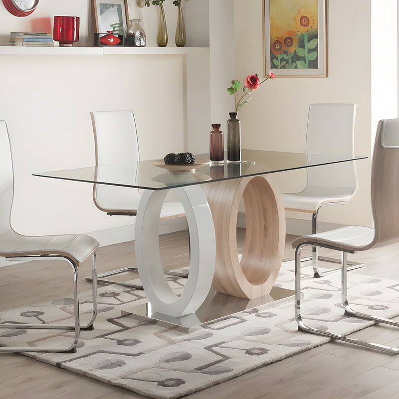 Stół do jadalni AYANE - 6-osobowy - Szkło hartowane i płyta MDF - Kolor dębowy i biały