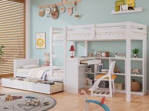 Lit Superposé Enfant 90x200 Cm Avec Armoire Et étagères - Blanc Et Naturel, 4 Marches, Garde-corps (sans Matelas)