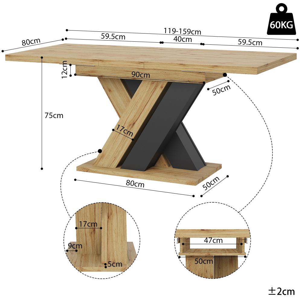 Table extensible multifonction gain de place en MDF effet bois avec rangement intégré, pieds en X stables, design moderne et robuste - 7