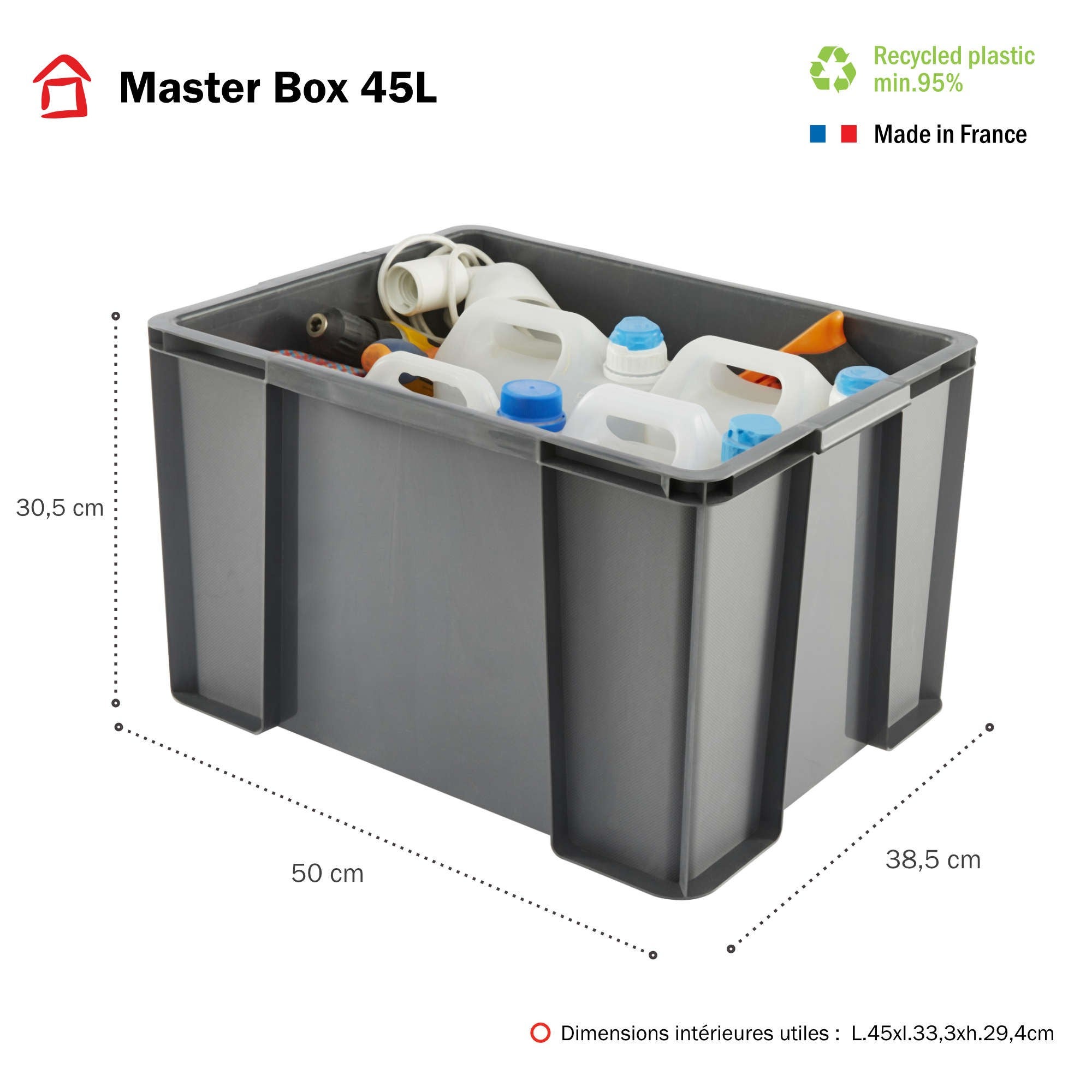 Lot de 3 bacs de rangement plastique robustes et renforcés 45L MASTER BOX - gris - 2