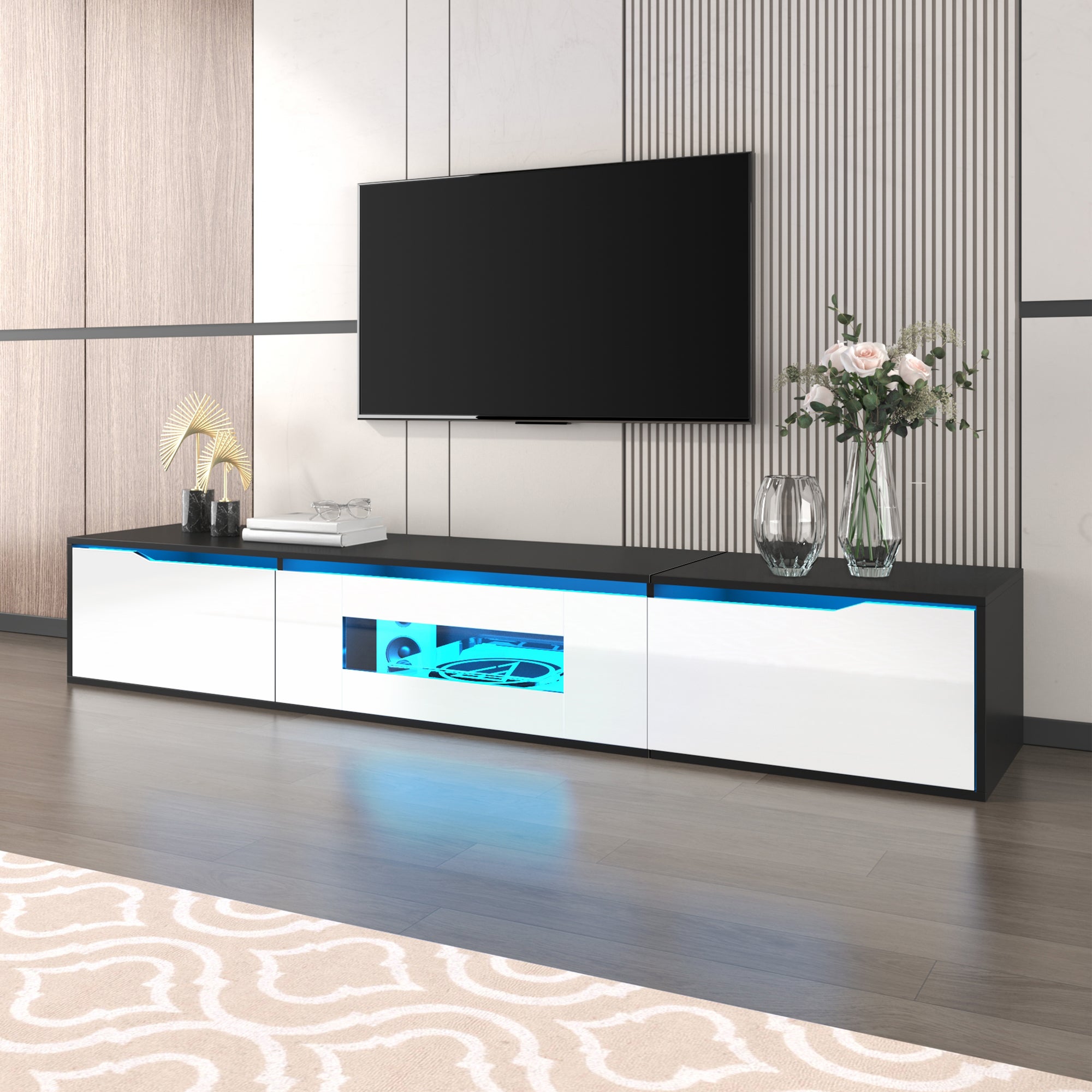 Nowoczesna szafka pod telewizor 180 x 35 x 30 cm - do montażu na ścianie/wolnostojąca - z oświetleniem LED i portami USB - płyta MDF - czarny - 3