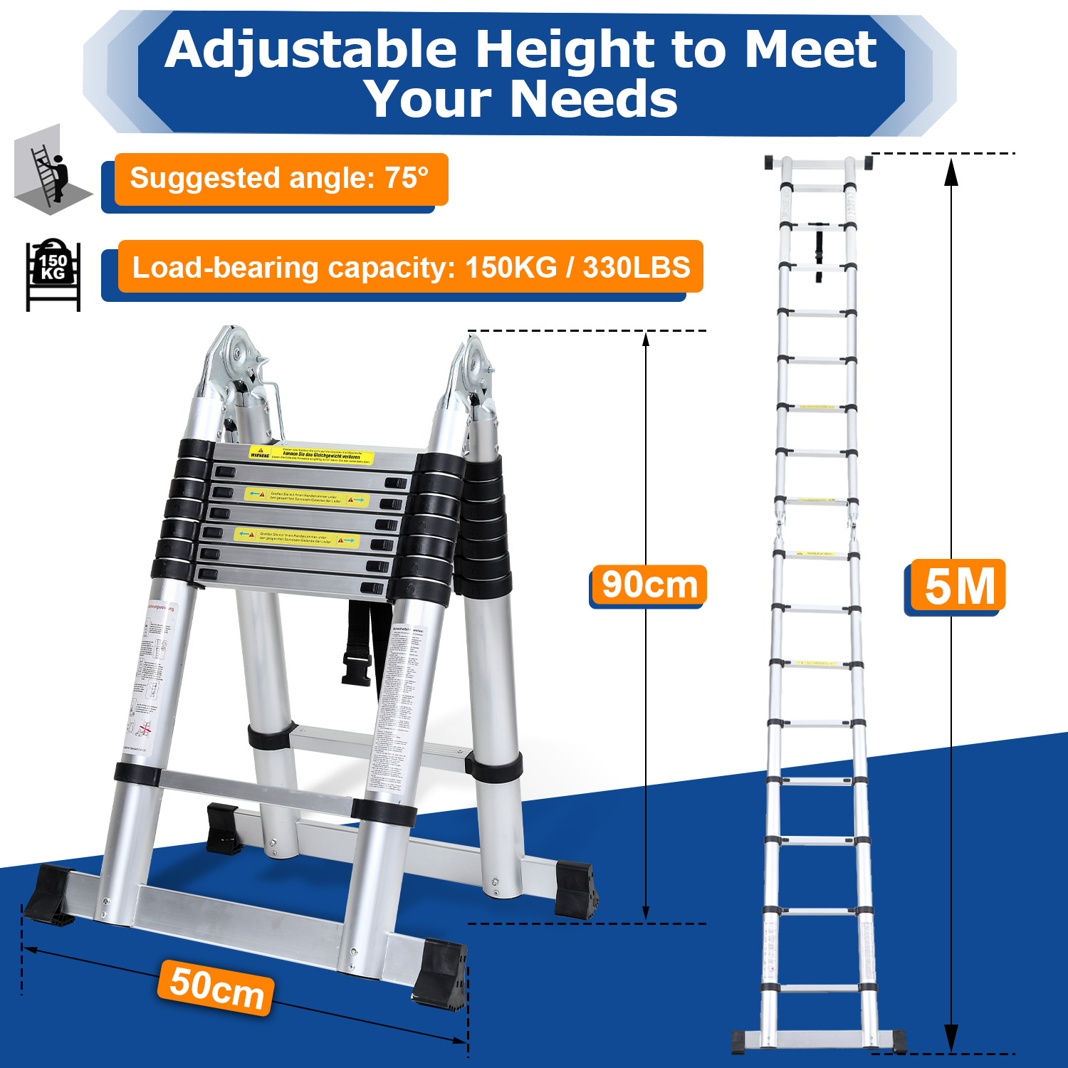 Aluminium Échelle pliante 2,5m+2,5m Télescopique Pliable avec Mains Courantes Amovibles, Éxtensible Échelle Droite Simple, Charge max 150 kg - 2