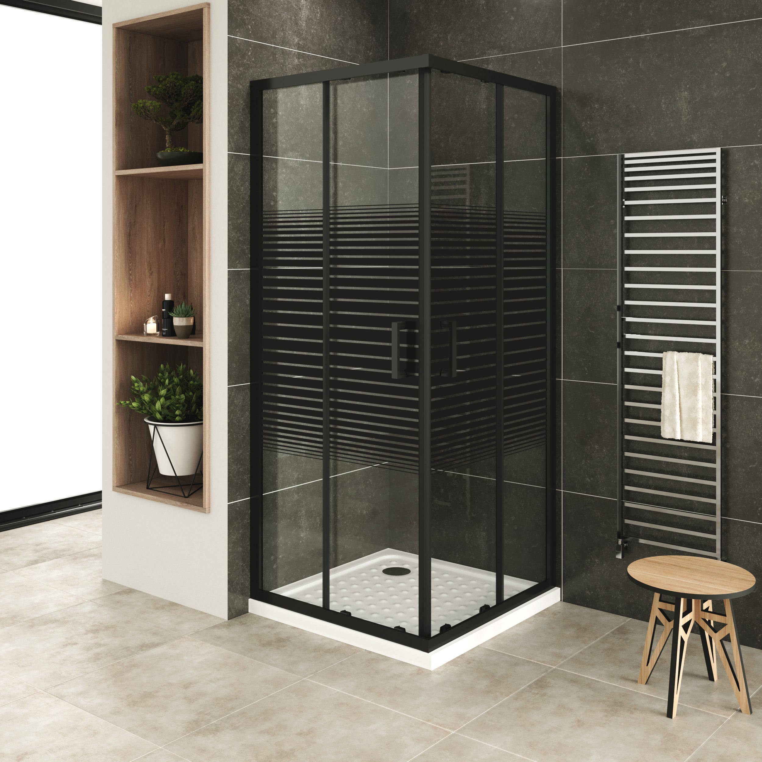 Mampara De Ducha Diana DK68 Negra A Cuadros ¡Elegante Y Funcional! Cristal Templado 6 Mm, Puertas Correderas, 80x100x190 Cm