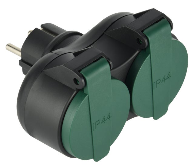 Electraline 531193 531195 Adaptateur Biplite d'extérieur résistant à l'eau IP44, fiche, multiprise 2 Prises Français avec capuchon vert