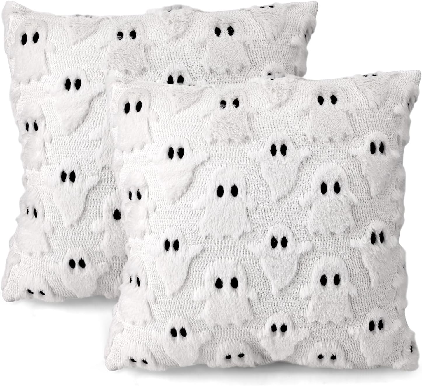 Zestaw 2 Poszewek na Poduszki Halloween Duch 45x45 cm - Dekoracja Atmosferyczna do Salonu i na Imprezy z Miękkiego Pluszu