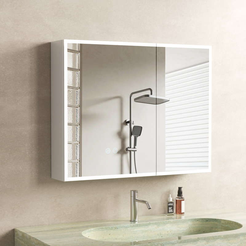 Aquawise armario de baño led de abs antihumedad, espejo de doble puerta con gran almacenaje, antivaho y 3 colori de luz, totalmente montado 75x60cm