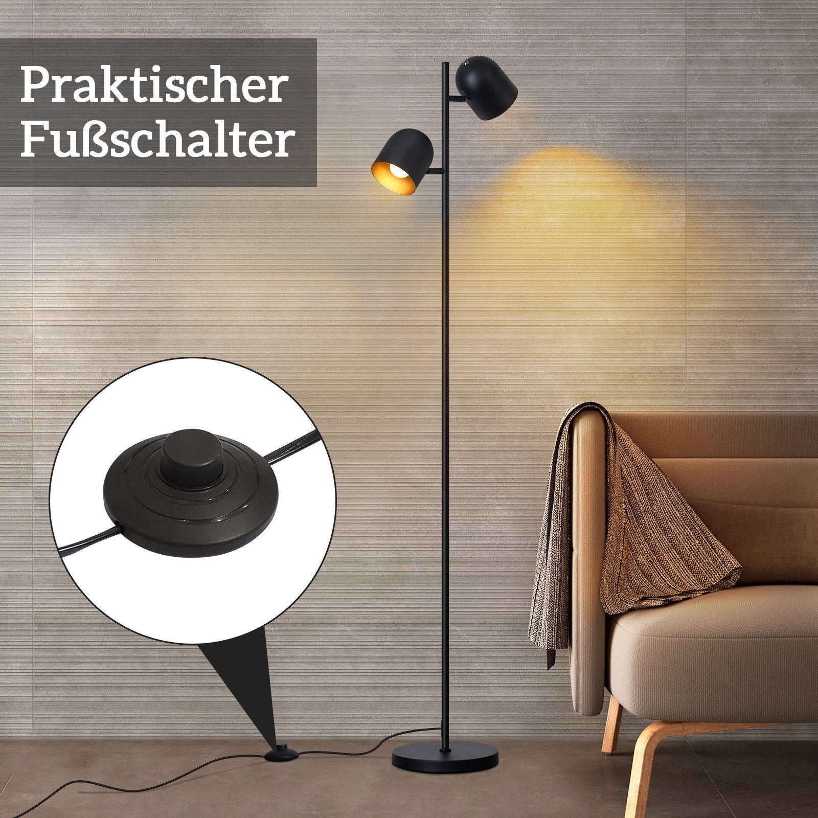 ZMH Lampadaire noir doré E14 Métal Vintage Lampadaire multi-tête 145cm - 5