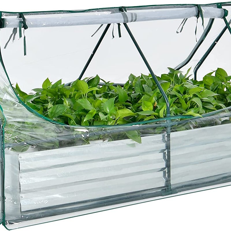 Podwyższona grządka ze szklarnią 2 w 1, metalowa skrzynka, z dwoma okienkami, do ogrodu, na taras i balkon, 180 x 90 x 91 cm, kolor srebrny