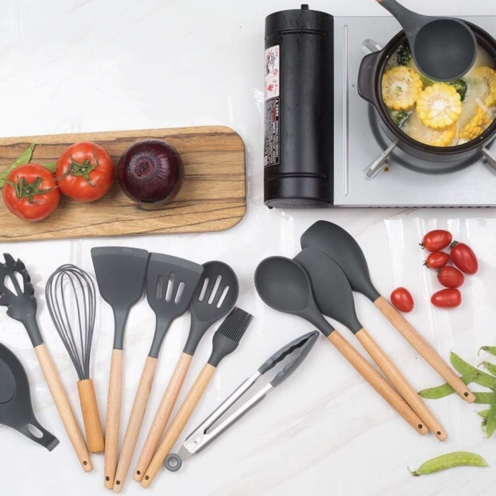 Set de utensilios cocina de silicona 12 piezas juego para cocinar con mango de madera resistentes al calor y Antiadherentes gris - 2