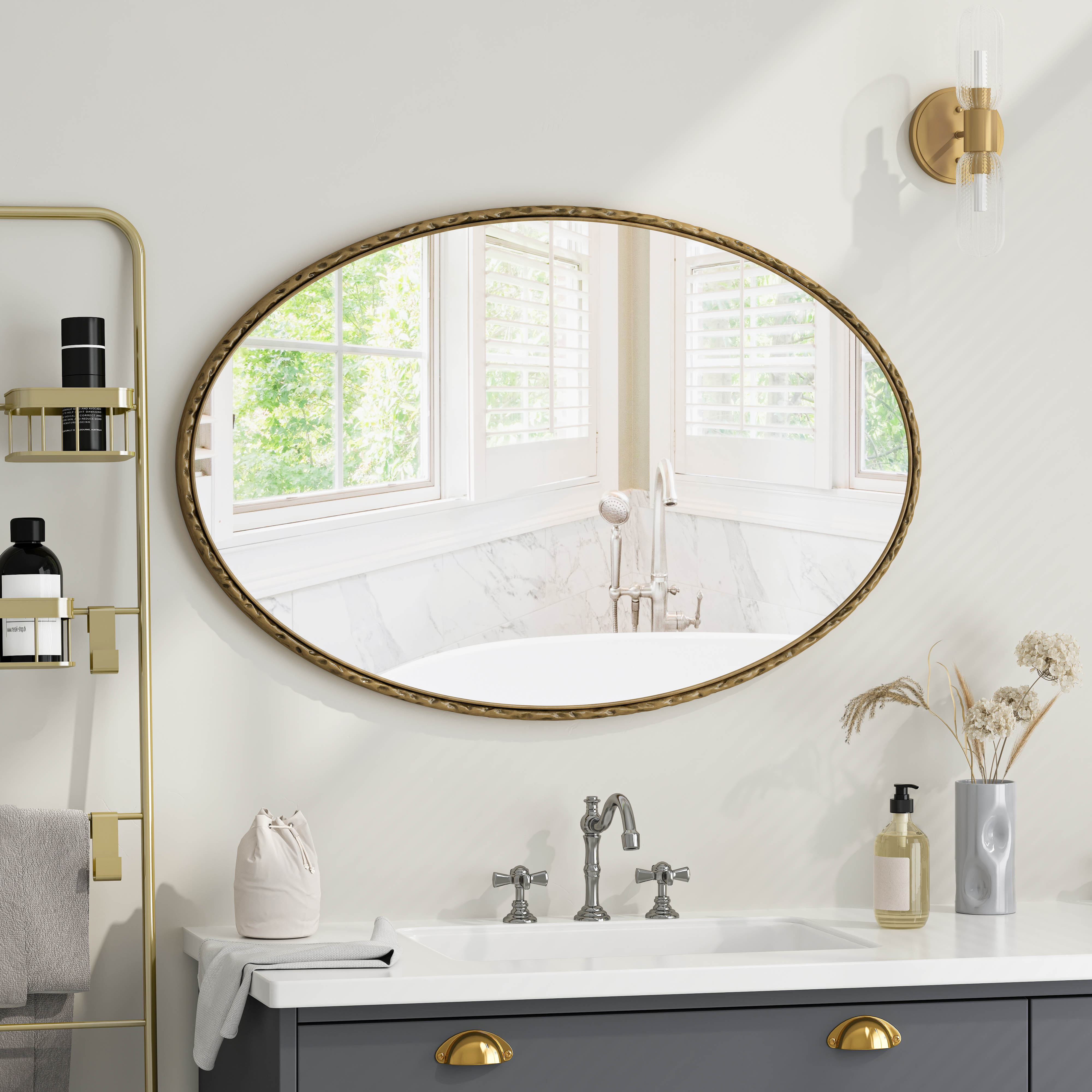 Owalne lustro retro z ramą z kutego żelaza - efekt antycznego złota - do łazienki/salonu/sypialni - łatwy montaż - 65x100cm