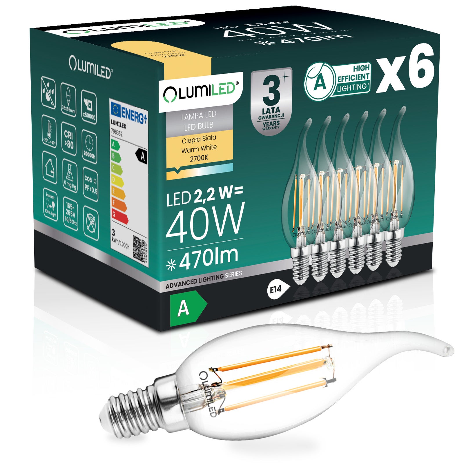 Żarówka LED Lumiled E14 Świeczka BA35 2.2W 470lm 2700K 360st Filament Klasa A 6 szt.