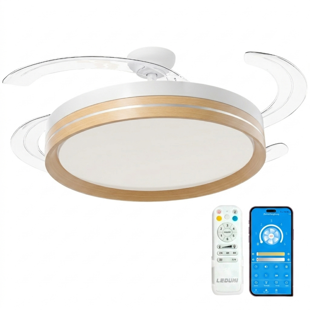 LEDUNI Ventilateur avec lumière LED Bois III Ø 50cm avec télécommande+APP, Moteur DC + Lumière LED, 66W pales rétractables, CCT, Silencieux