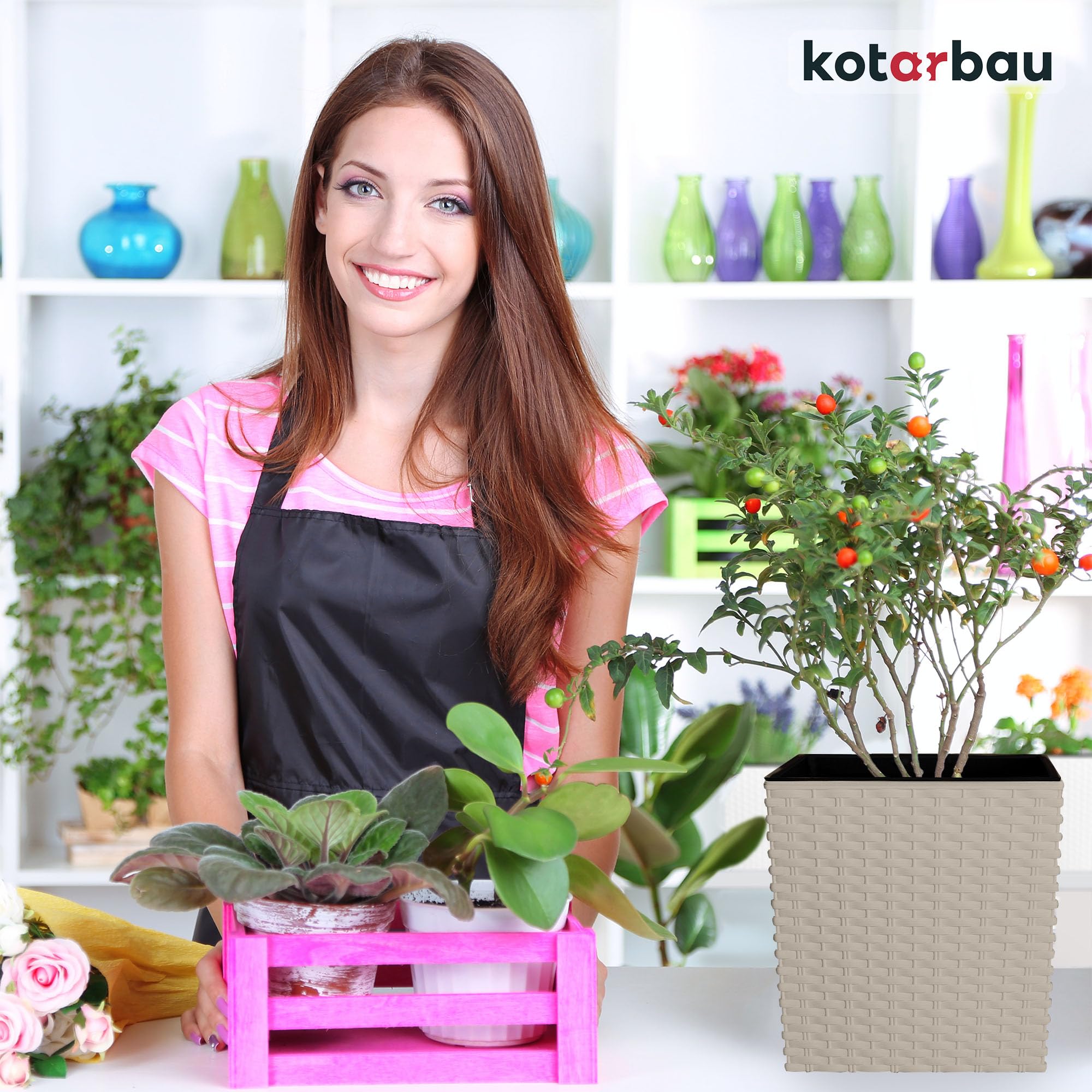 Lot de 2 Pots de Fleurs, 6,8 l, Hauteur : 20 cm, En Plastique, Avec Pot Intérieur, Type Rotin, Pour l'Intérieur et l'Extérieur - KOTARBAU - 2