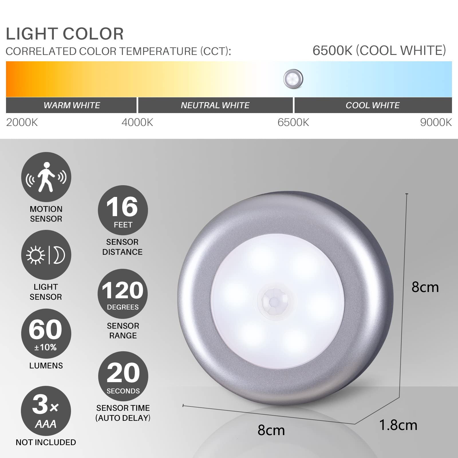 Lot de 3 lampes à détecteur de mouvement, veilleuse LED à piles, lampes d'escalier à coller partout, appliques murales pour couloir (argent) - 9