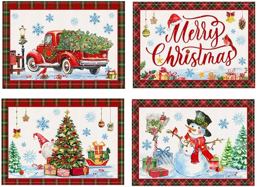 Zestaw 4 prostokątnych podkładek świątecznych, zmywalne i wielokrotnego użytku, dekoracja stołu na przyjęcia i kolacje bożonarodzeniowe