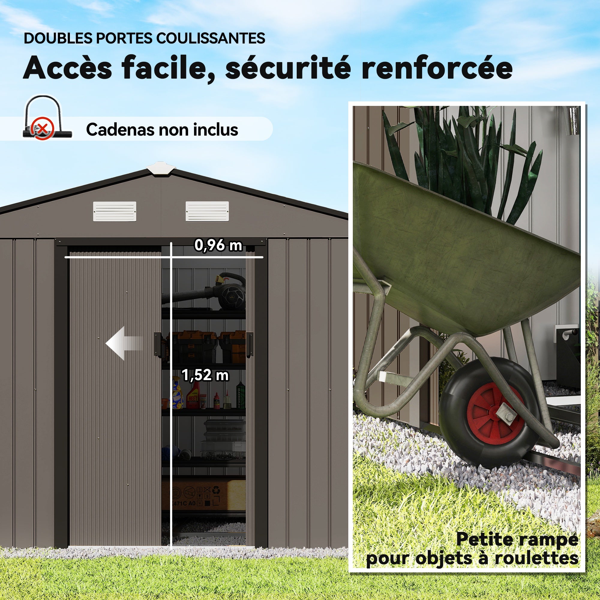 Abri de jardin - Outsunny - 5,4m² - kit de fondation, porte coulissante verrouillables 4 aérations - 277x195x192cm - marron - 5
