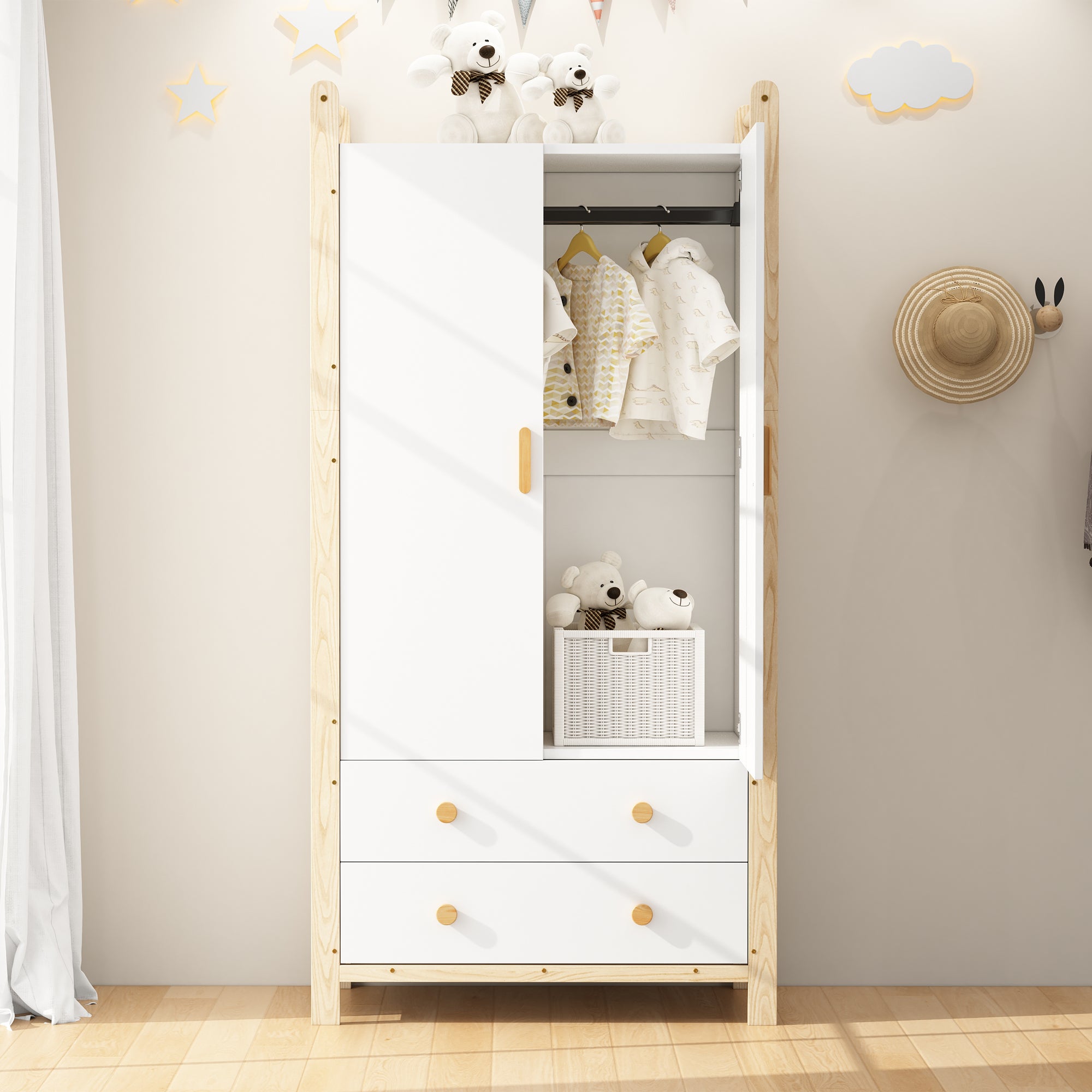 Szafa 2-drzwiowa z 2 szufladami - 90 x 45 x 180 cm - Drewno lite + MDF - Kolor biały i naturalny