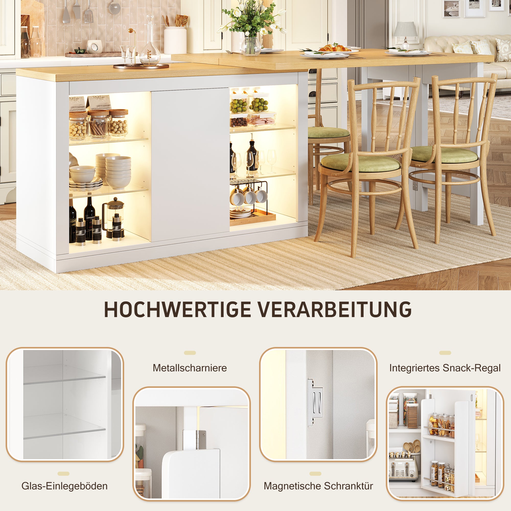 Ilot Cuisine Extensible 120-197*40*72cm cm avec Table à Manger, Pivotant 360°, LED RGB App, Portes Magnétiques et Étagères en Verre, Blanc - 7