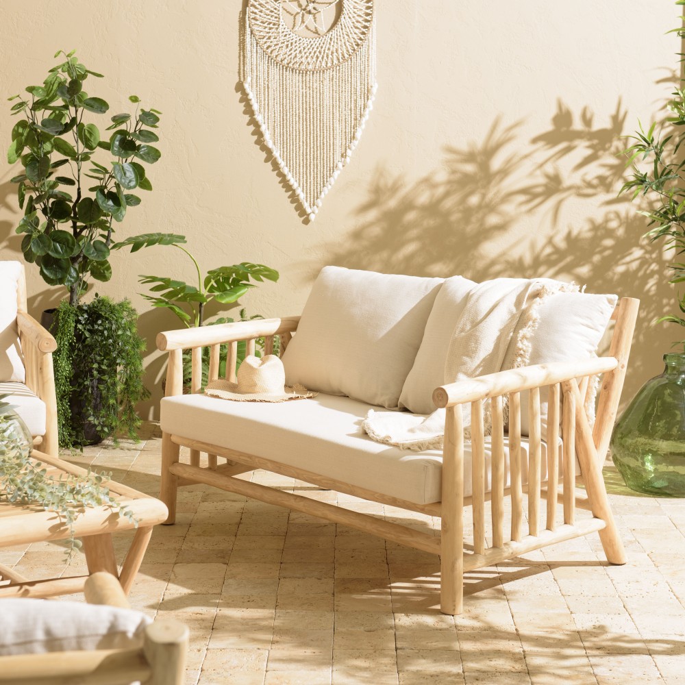 Will - borneo sofá de 2 plazas en ramas de teca natural, cojines blancos
