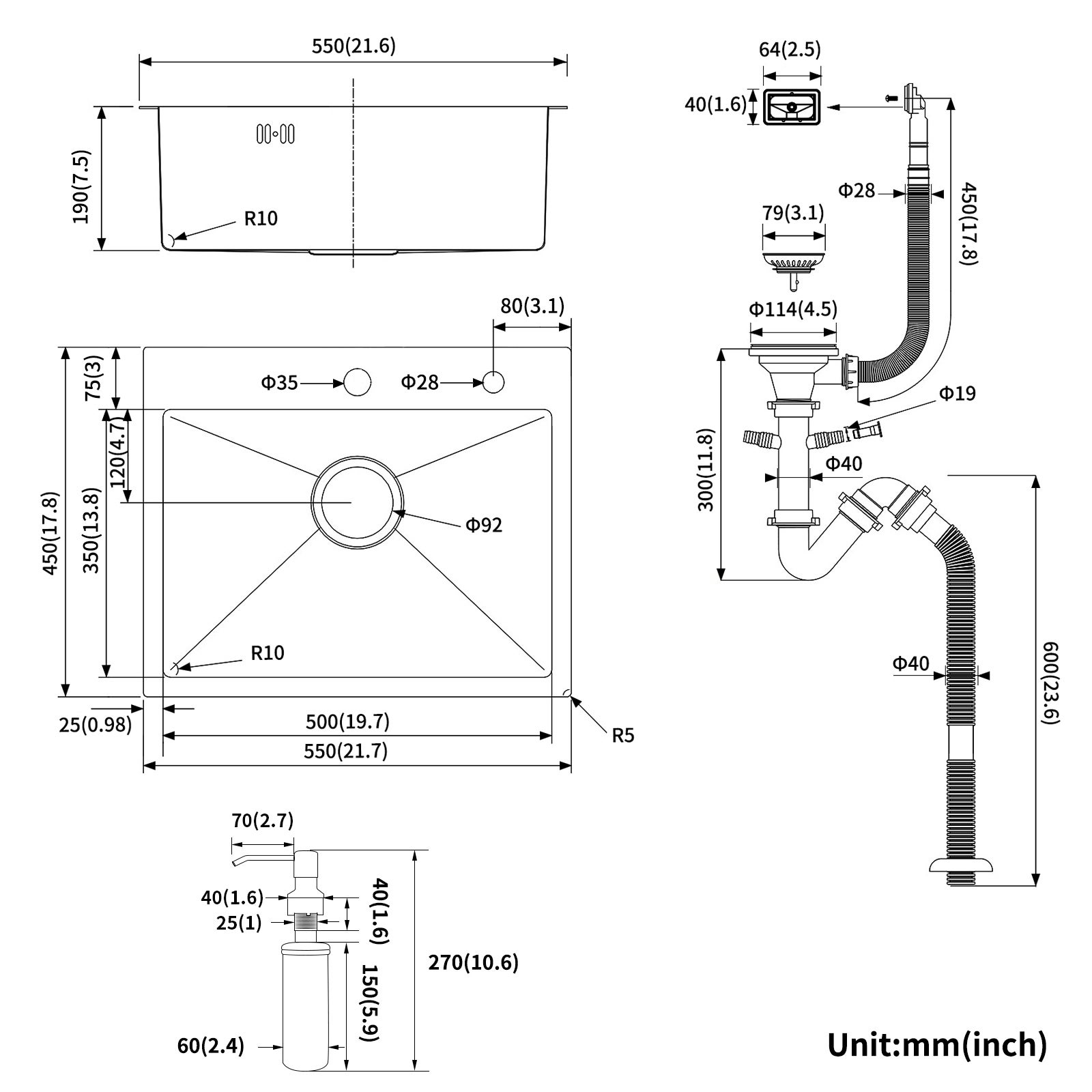 Évier Cuisine 1 Bac 55x45CM Évier à encastrer avec Distributeur Savon,Siphon/Trop-Plein Évier Inox Brossé pour Table à partir de 60 cm,EU Modèle - 4