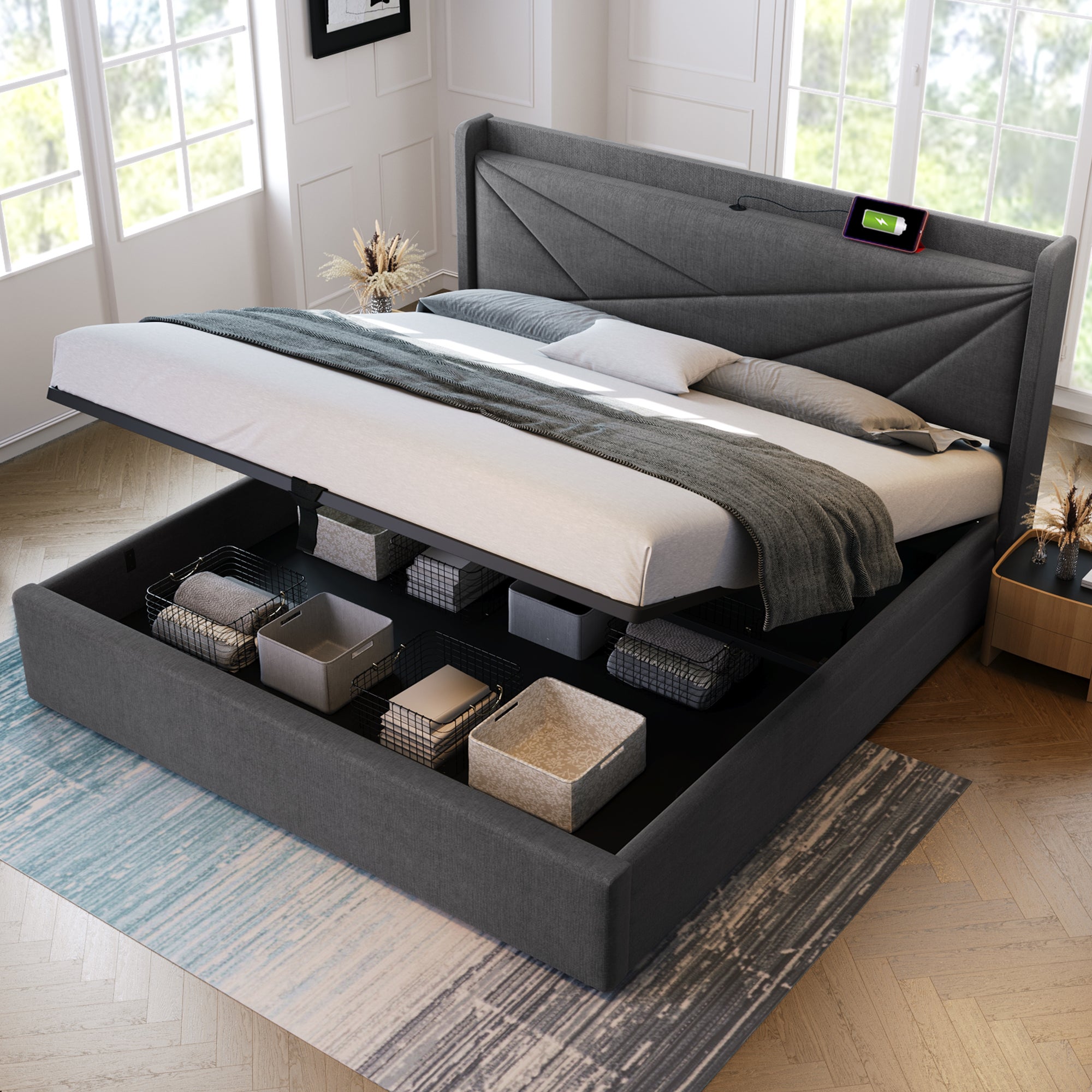 Lit rembourré lit double coffre de rangement avec fonction de charge USB Type C tête de lit, lits de rangement cadre de lit en lin lit jeune 140x200 - 6