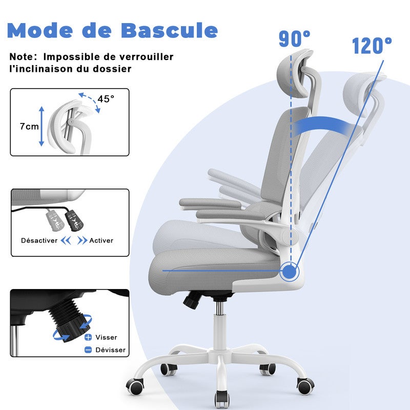 Chaise de Bureau Ergonomique - RATTANTREE Fauteuil - avec accoudoir rabattable à 90° - Support Lombaire - Réglable en hauteur Gris - 3