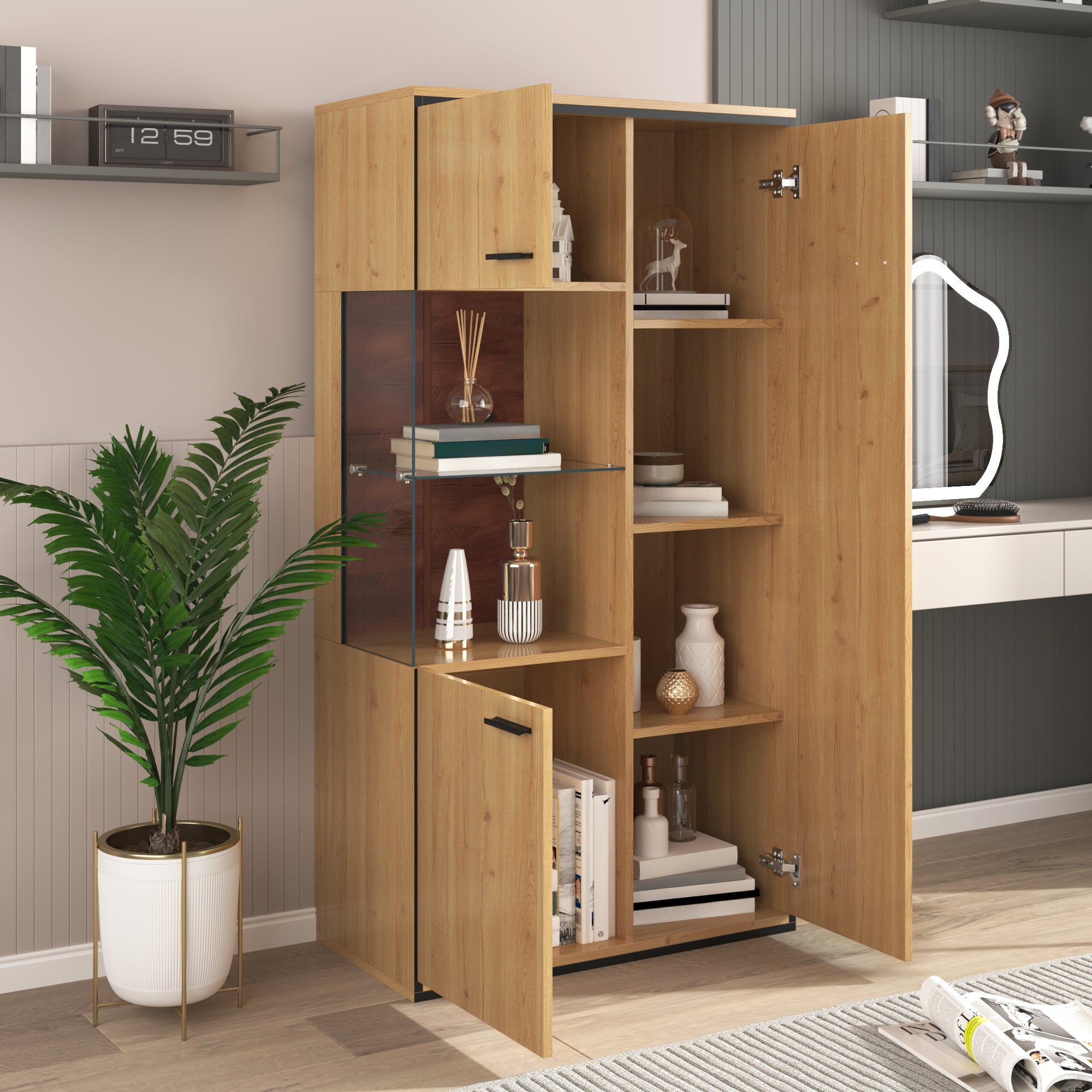 Vetrina in stile scandinavo con LED - 3 ante 8 scomparti - Naturale - 2