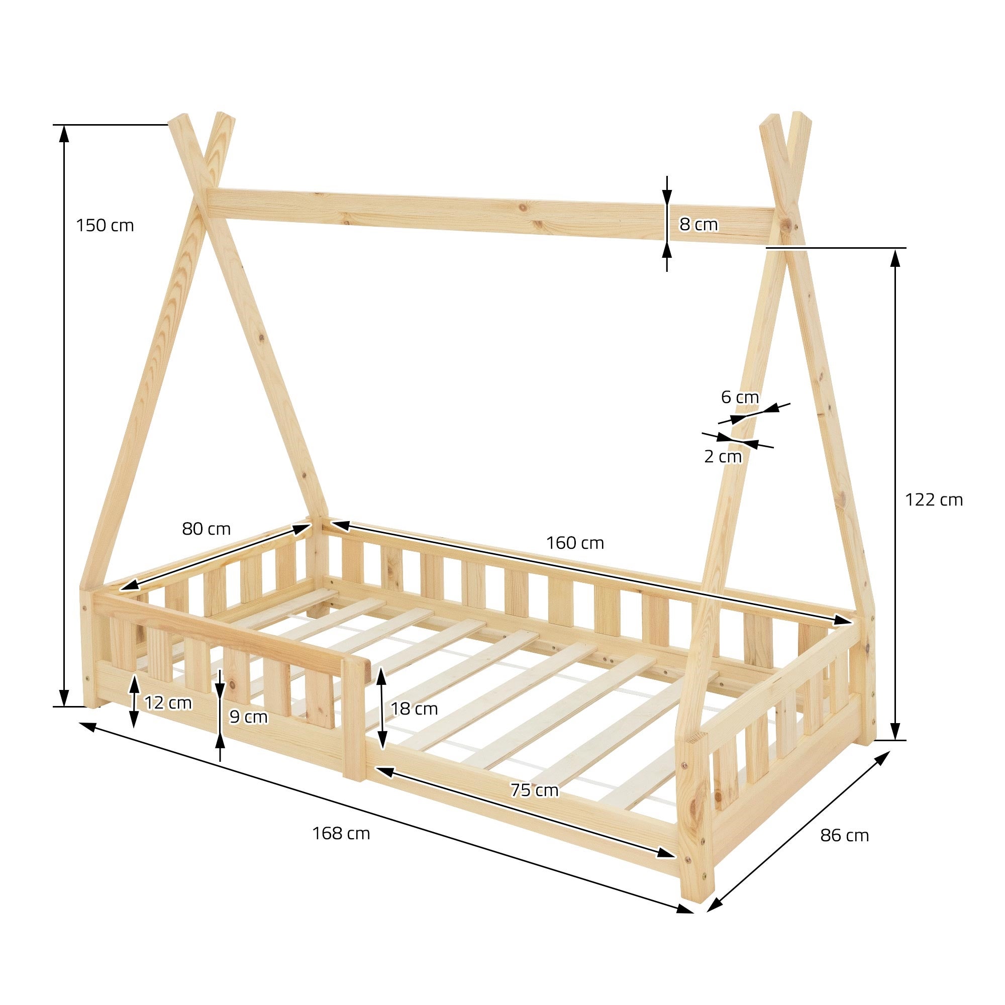 Letto tepee per bambini 80x 160 cm con sponde, rete a doghe, lettino tenda indiana da gioco in legno di pino massiccio naturale per cameretta bimbi - 4