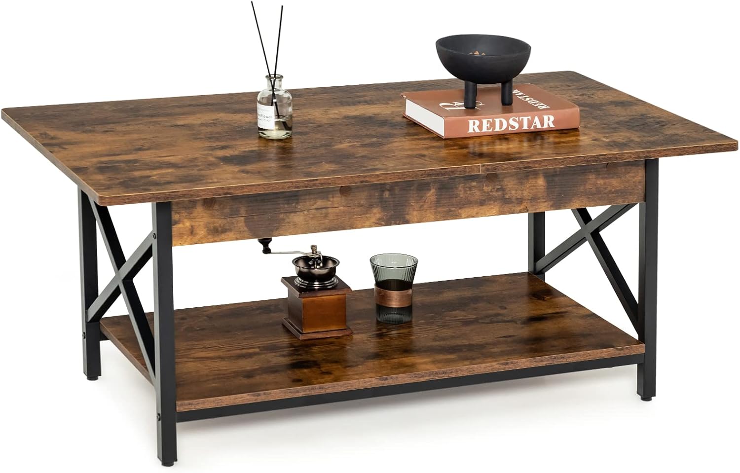 Dwupoziomowy Stolik Kawowy w Stylu Industrialnym z Regulowanymi Nóżkami, 110 × 60 × 48 cm, Stolik Pomocniczy do Salonu, Sypialni, Biura (Kawiarnia)