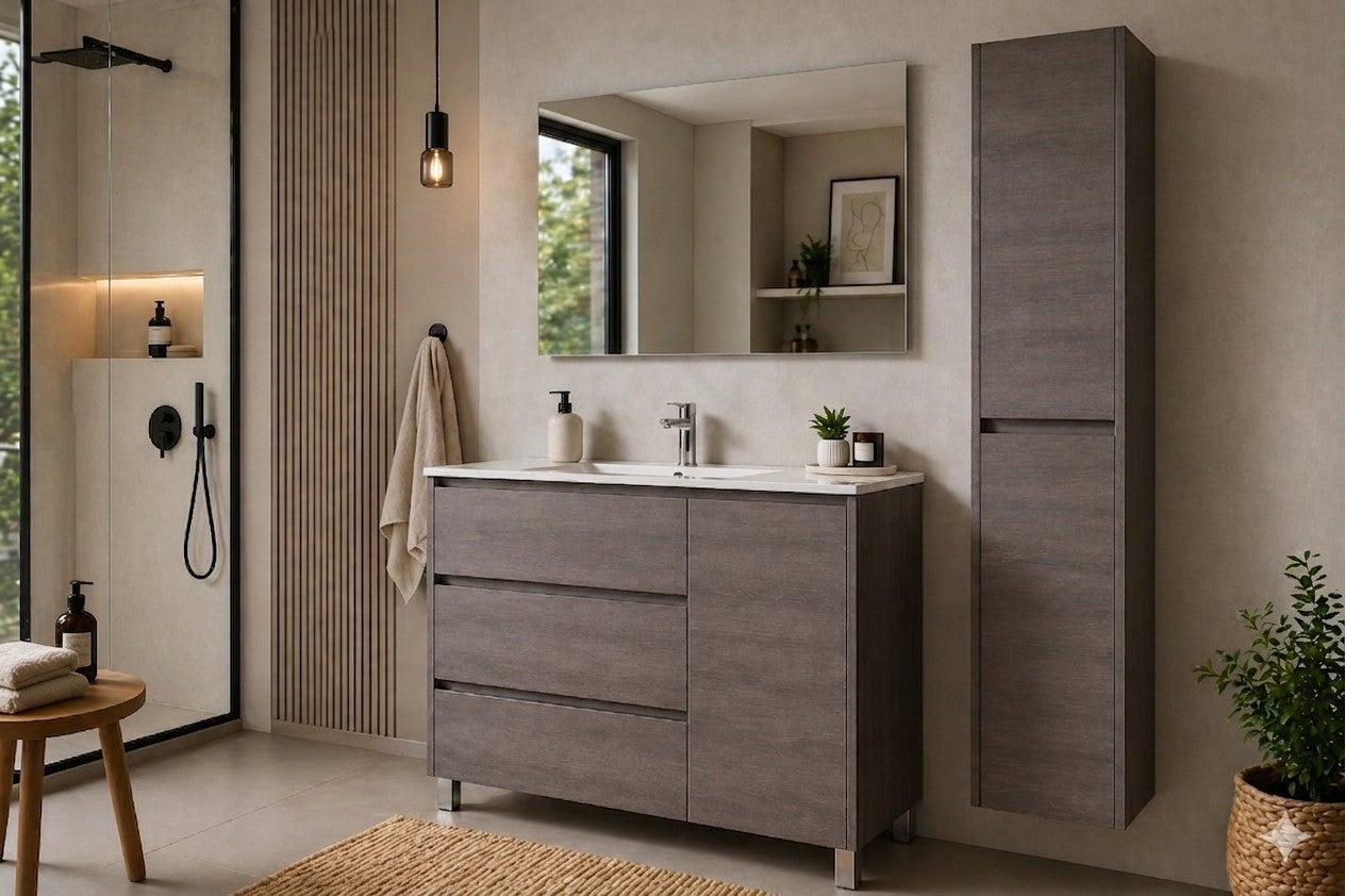 Set mobilier de baie VOLUM 3 sertare și ușă, lavoar și oglindă Stejar Smoky 90x45 cm cu dulap coloană