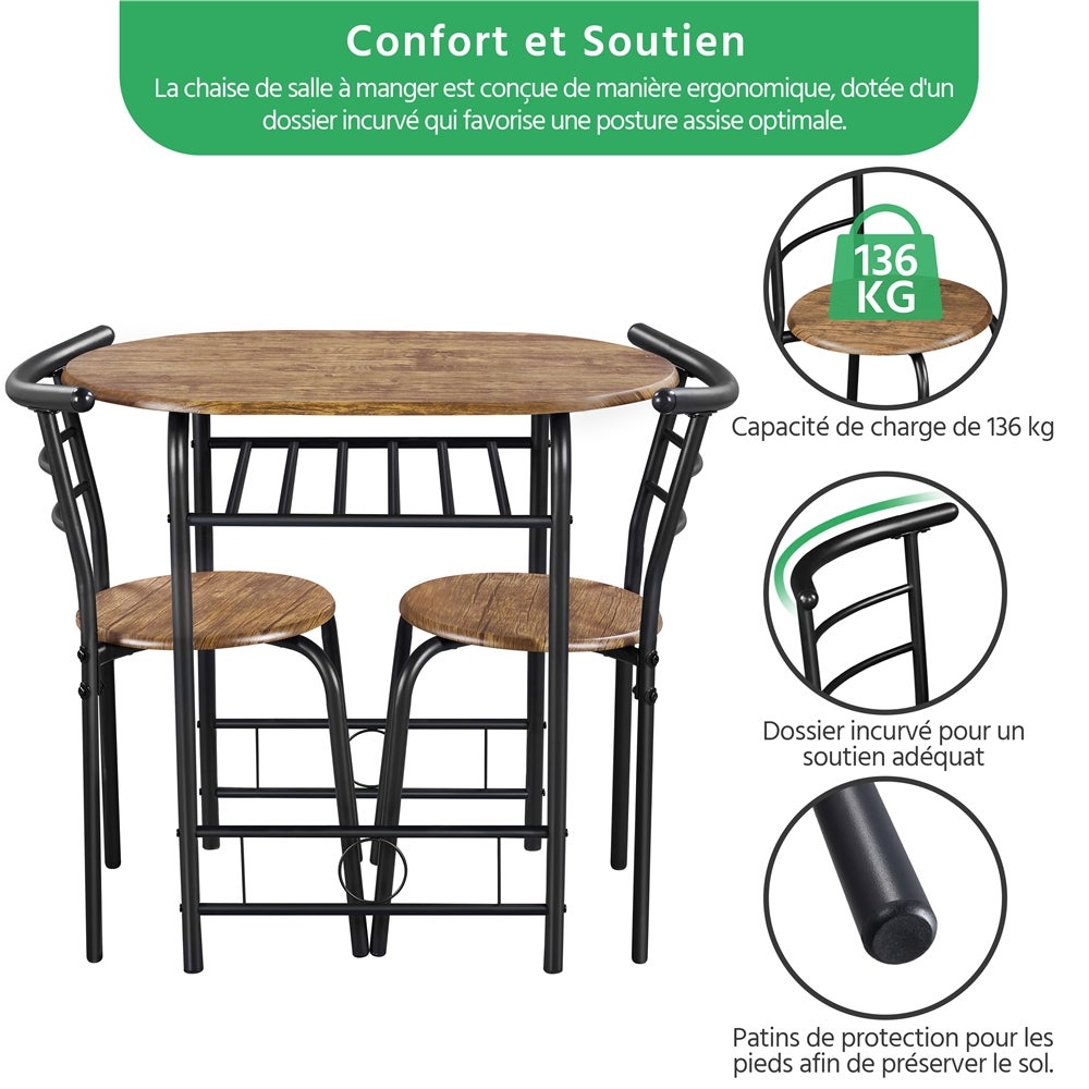 Ensemble Table à Manger Ronde avec 2 Chaises, Ensemble de Meubles 3 Pièces avec Porte-Bouteilles, Brun Clair Yaheetech - 5