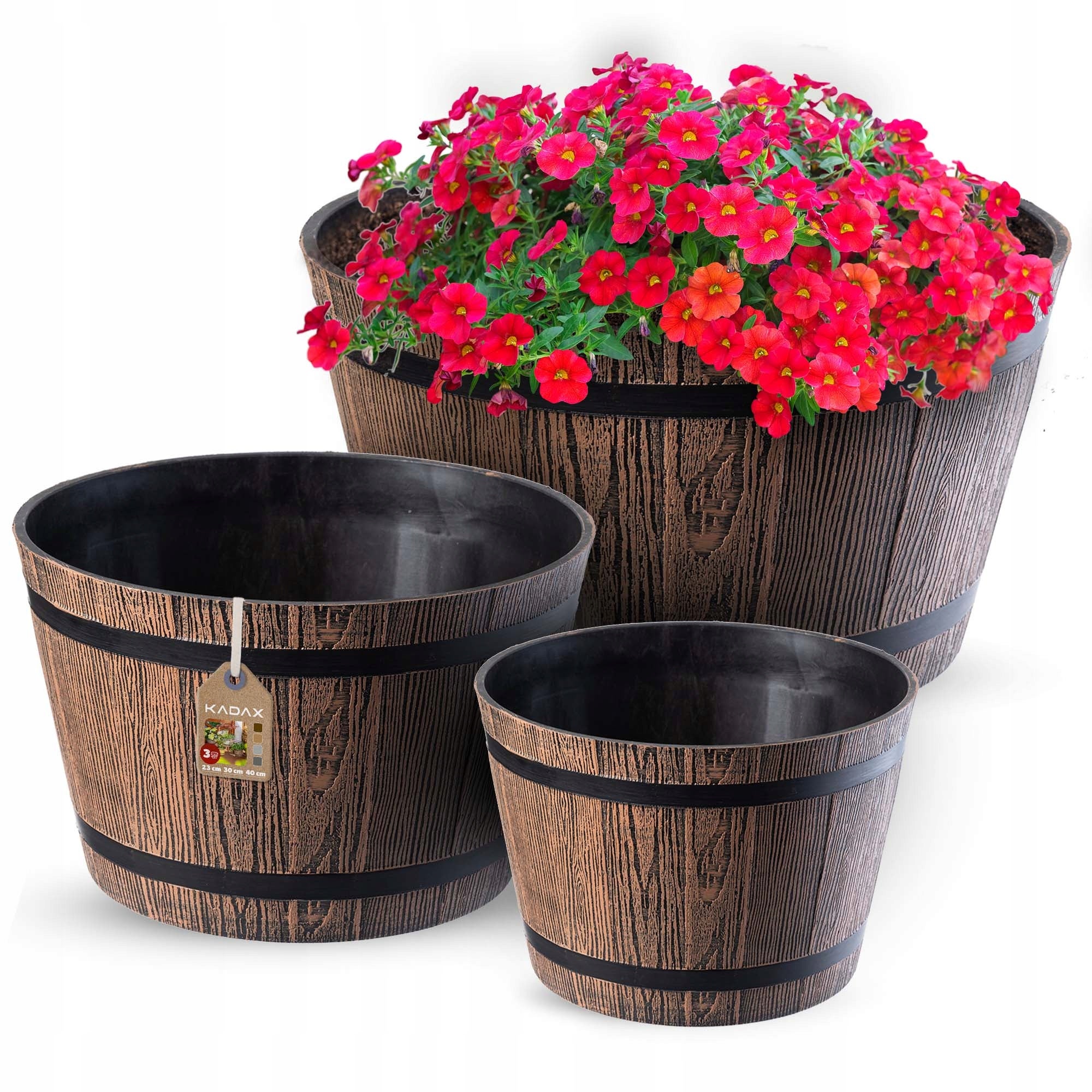 Vaso de flores de plástico KADAX para ambientes internos e externos, vaso grande com imitação de madeira (marrom escuro, conjunto de 3: 23, 30 e 40 cm - 5