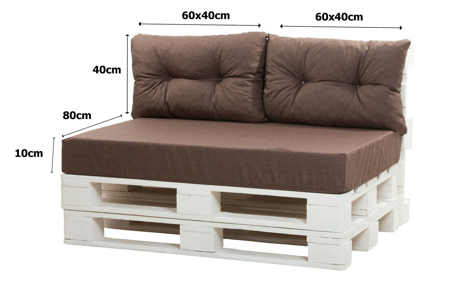 Coussin palette 120x80x10cm assise et dossier 2x 60x40cm, lot de coussins pour salon de jardin Marron, coussin palette, lot de coussins jardin - 3