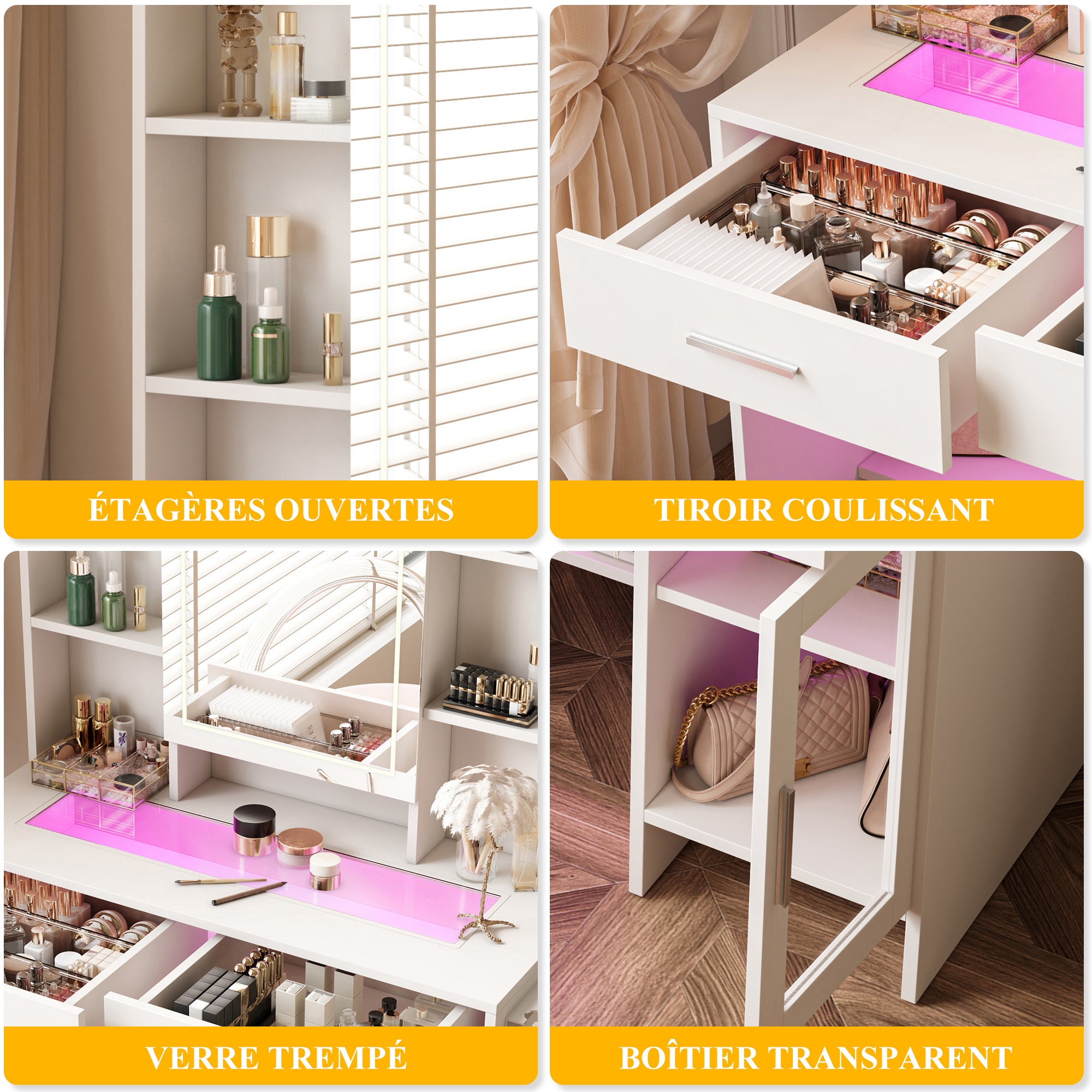 Coiffeuse avec éclairage, luminosité réglable, casiers visuels, miroir LED, avec prises, coiffeuse avec 2 tiroirs, 5 compartiments ouverts, blanche - 6