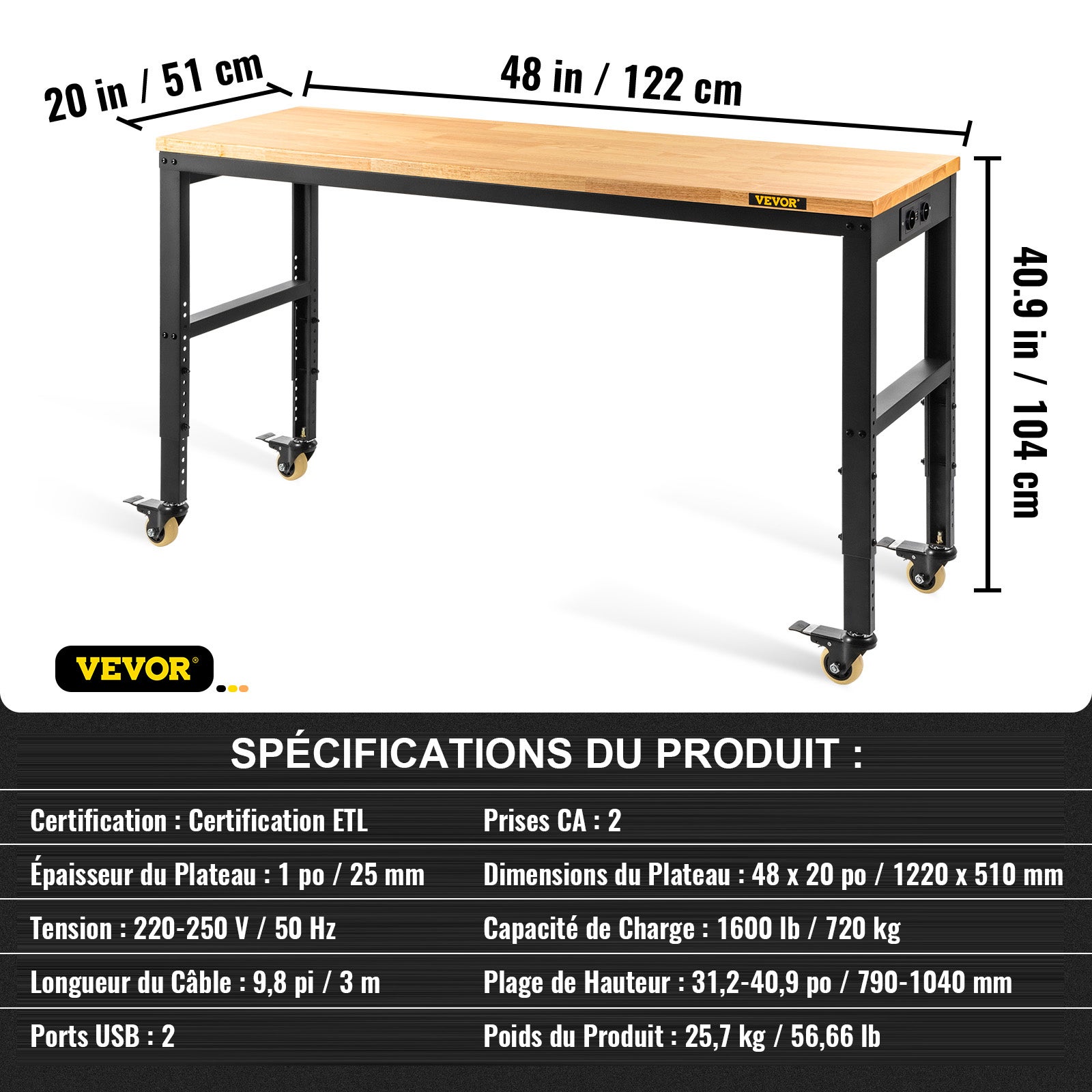 Banco de trabalho 122x51 cm,SucceBuy Altura ajustável,Banco prático com rodízios e tomada de corrente - 2