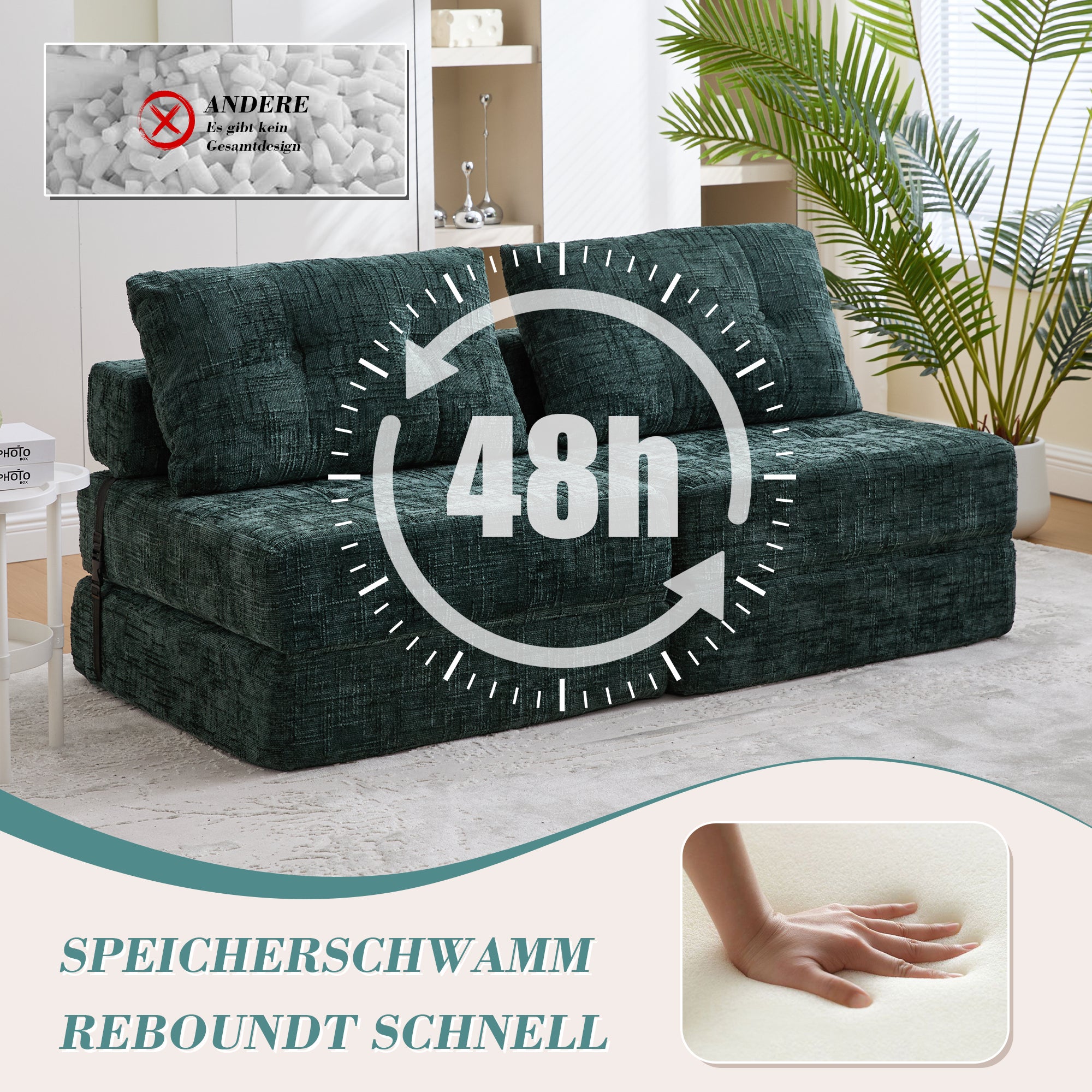 Canapé-Lit Pliant Multifonction avec Coussins, Fauteuil Convertible ,Tissu Chenille Vert émeraude, Dimensions 79x79x57 cm - 7
