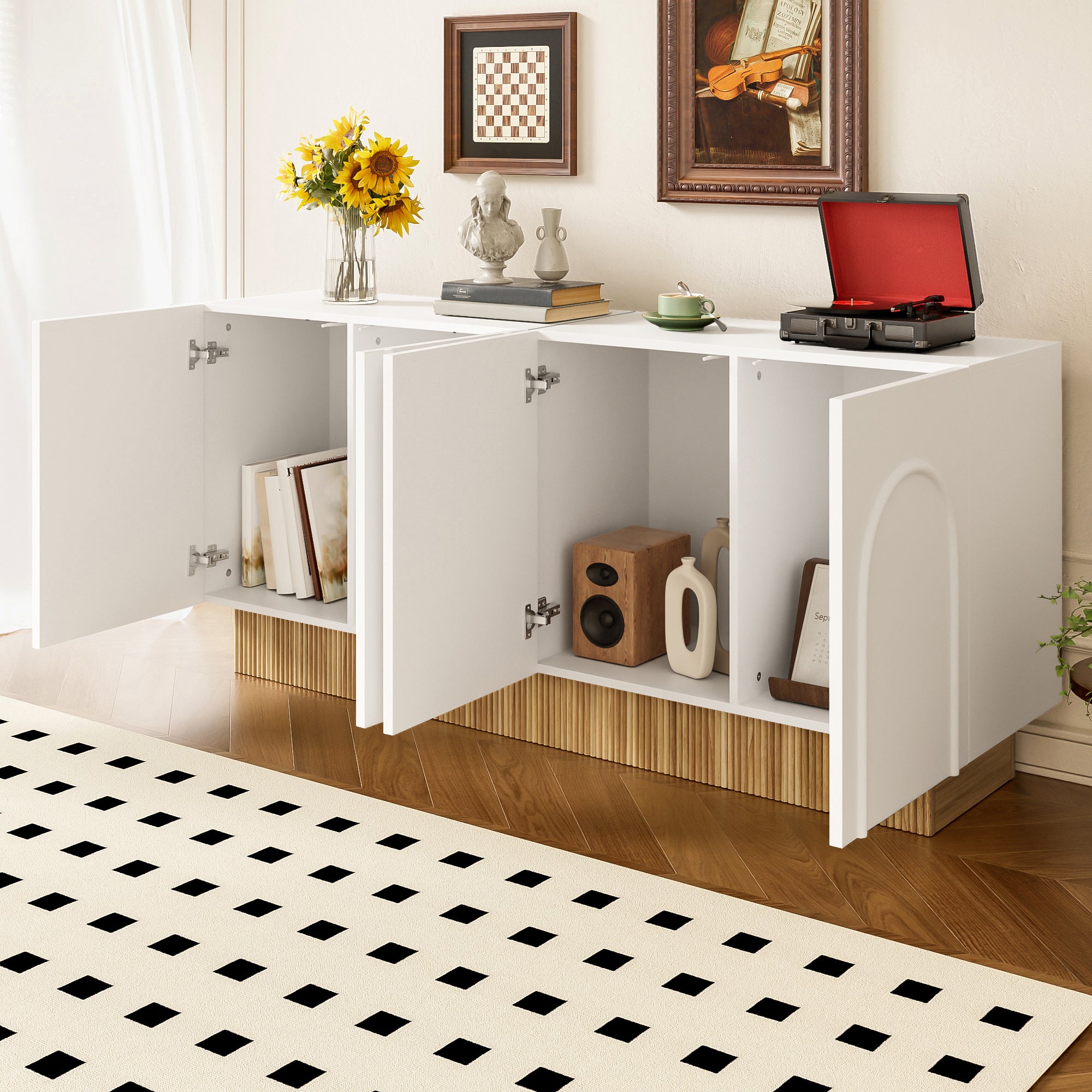 Buffet moderne avec 4 portes - 160 x 75 x 38 cm - Panneau de particules - pour salon, salle à manger - Blanc et bois - 7