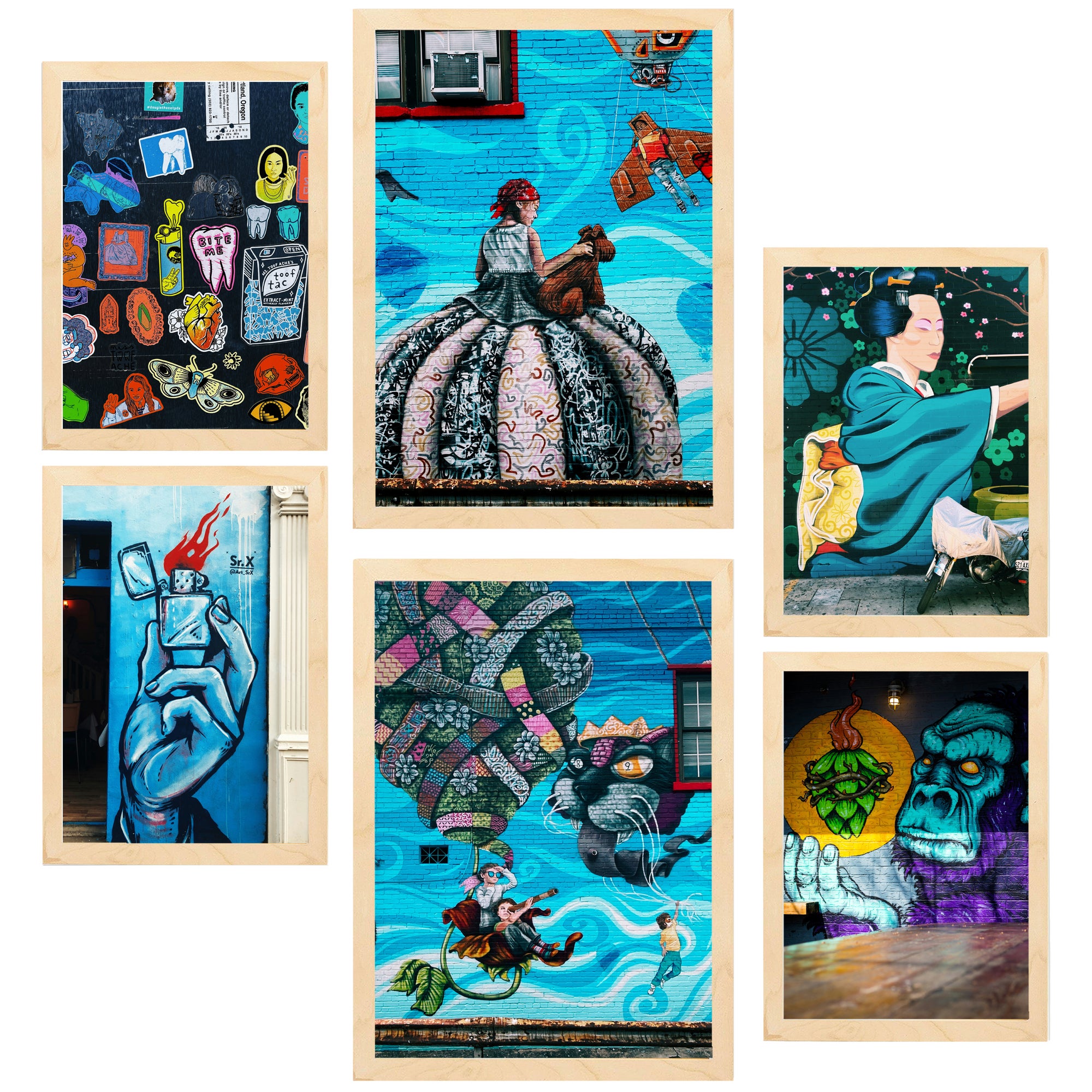 Nacnic set de 6 pósters graffiti turquesa, azul, arte callejero marco madera clara