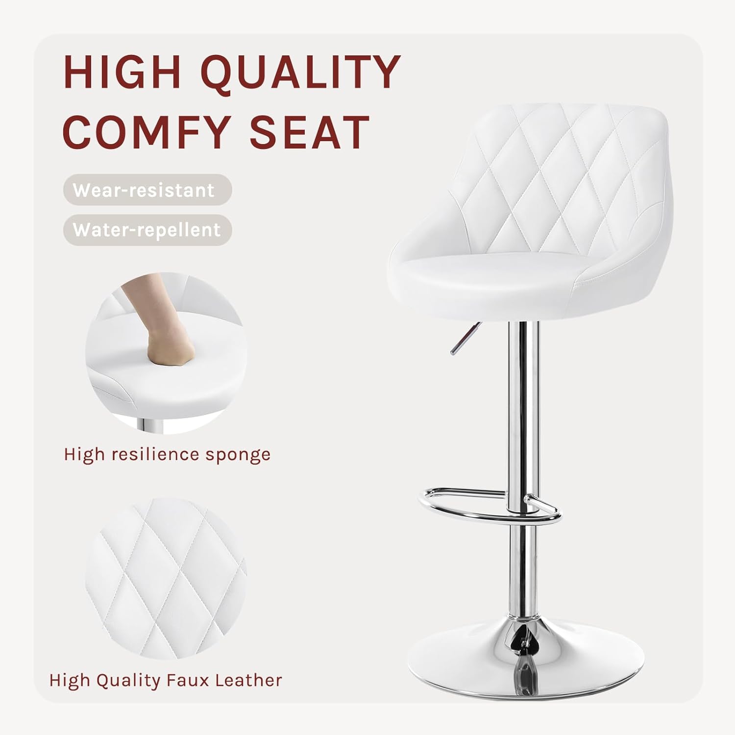 Lot de 2 Tabouret de bar WOLTU, Tabouret de Cuisine en cuir synthétique, Siège bien rembourré, Hauteur réglable, Facile à nettoyer, Blanc - 7