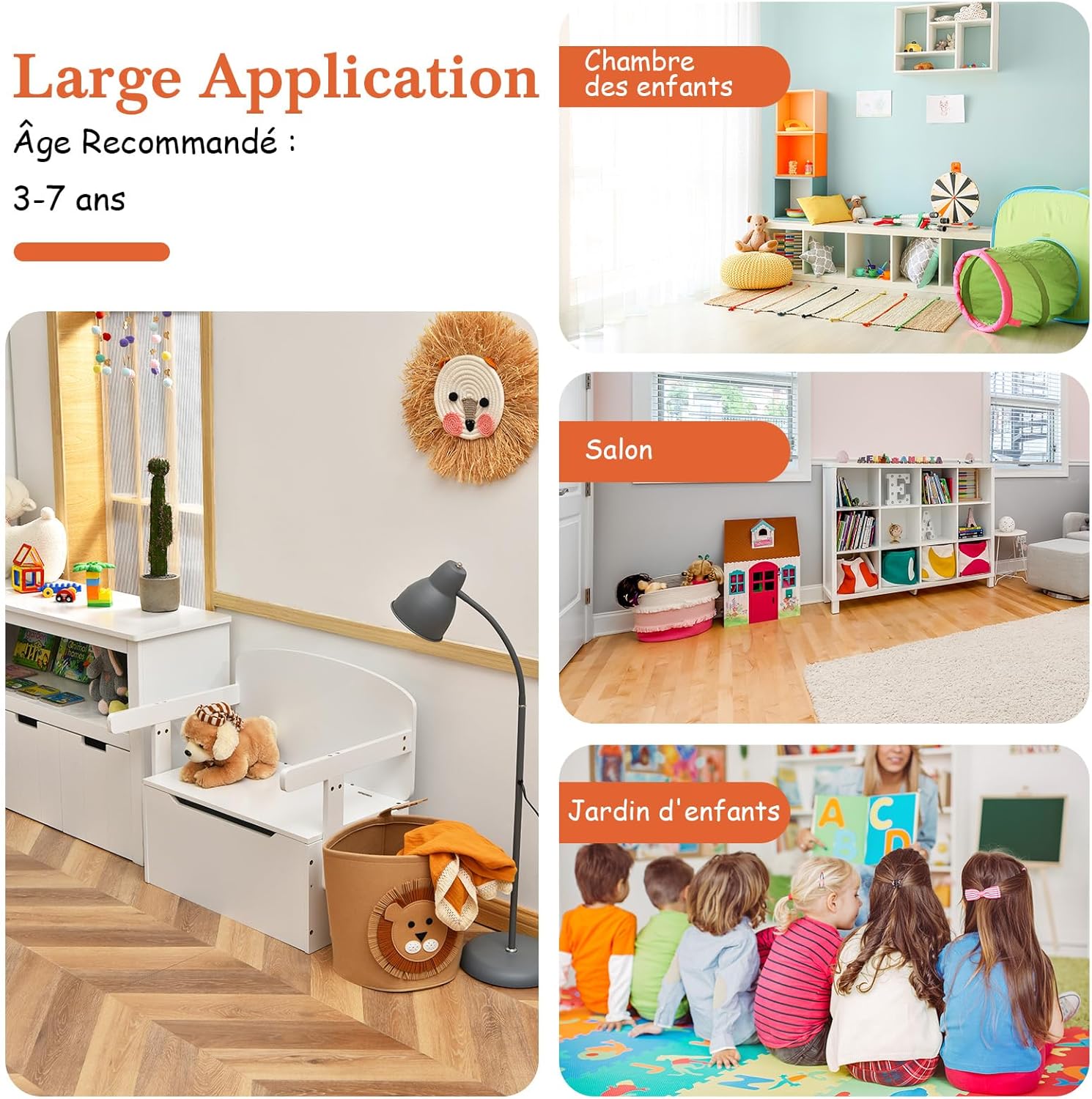 Table Chaise Enfant 3 en 1, Banc Coffre a Jouet Enfant en Bois avec Couvercle, Dossier, Boîte de Rangement, Table d'Activités pour 3-7 Ans (Naturel) - 7