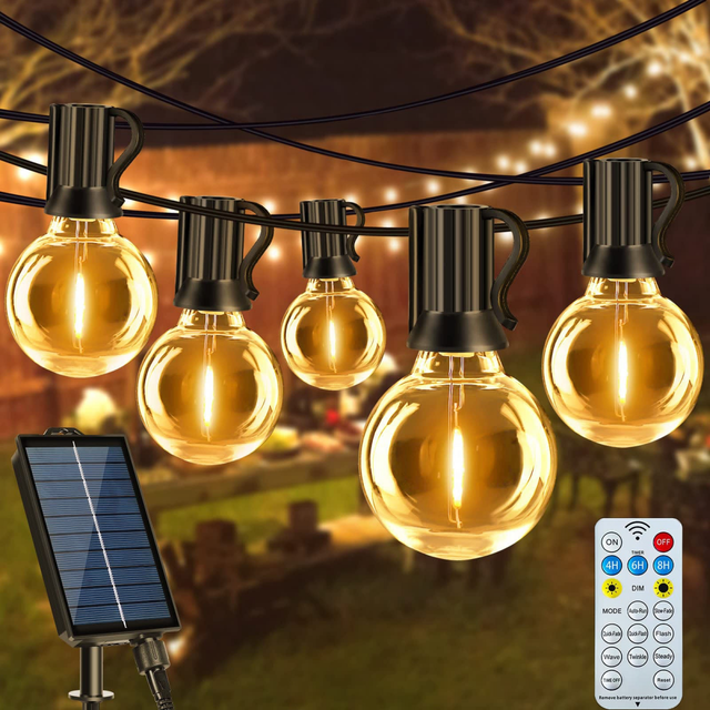 Guirlande lumineuse solaire d'extérieur 18 m, 30 ampoules + 1 G40, 8 modes, étanche IP44, pour jardin,balcon,pavillon,terrasse(lumière blanche chaude)