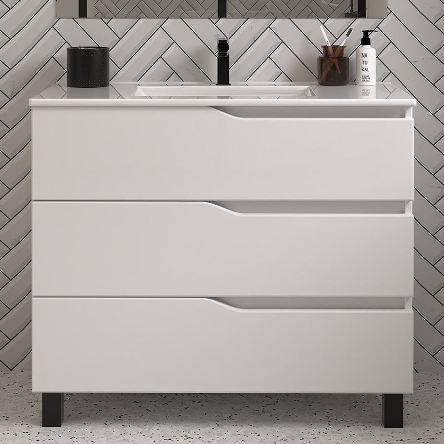 Meuble de salle de bain 90cm simple vasque - 3 tiroirs - blanc - MATA - 2